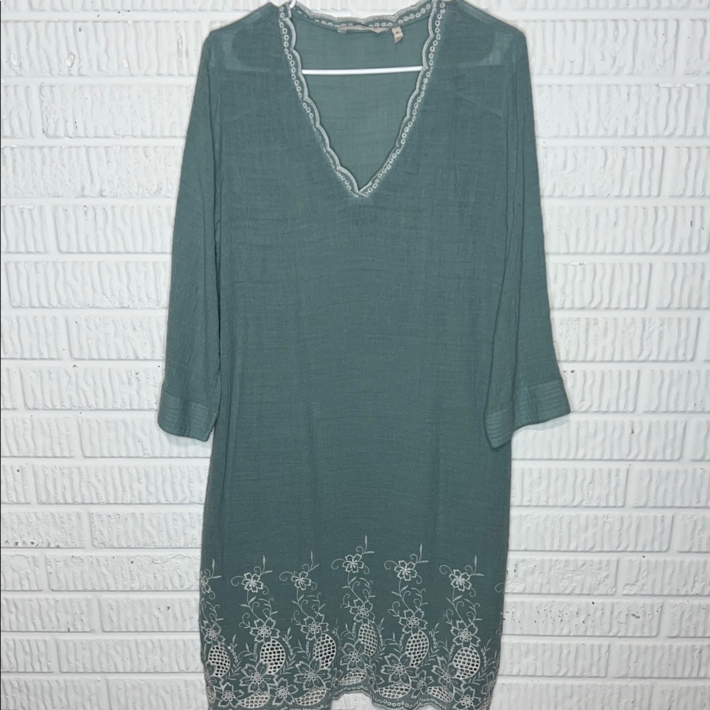 Soft Surroundings Teal Dress with White Embroidery